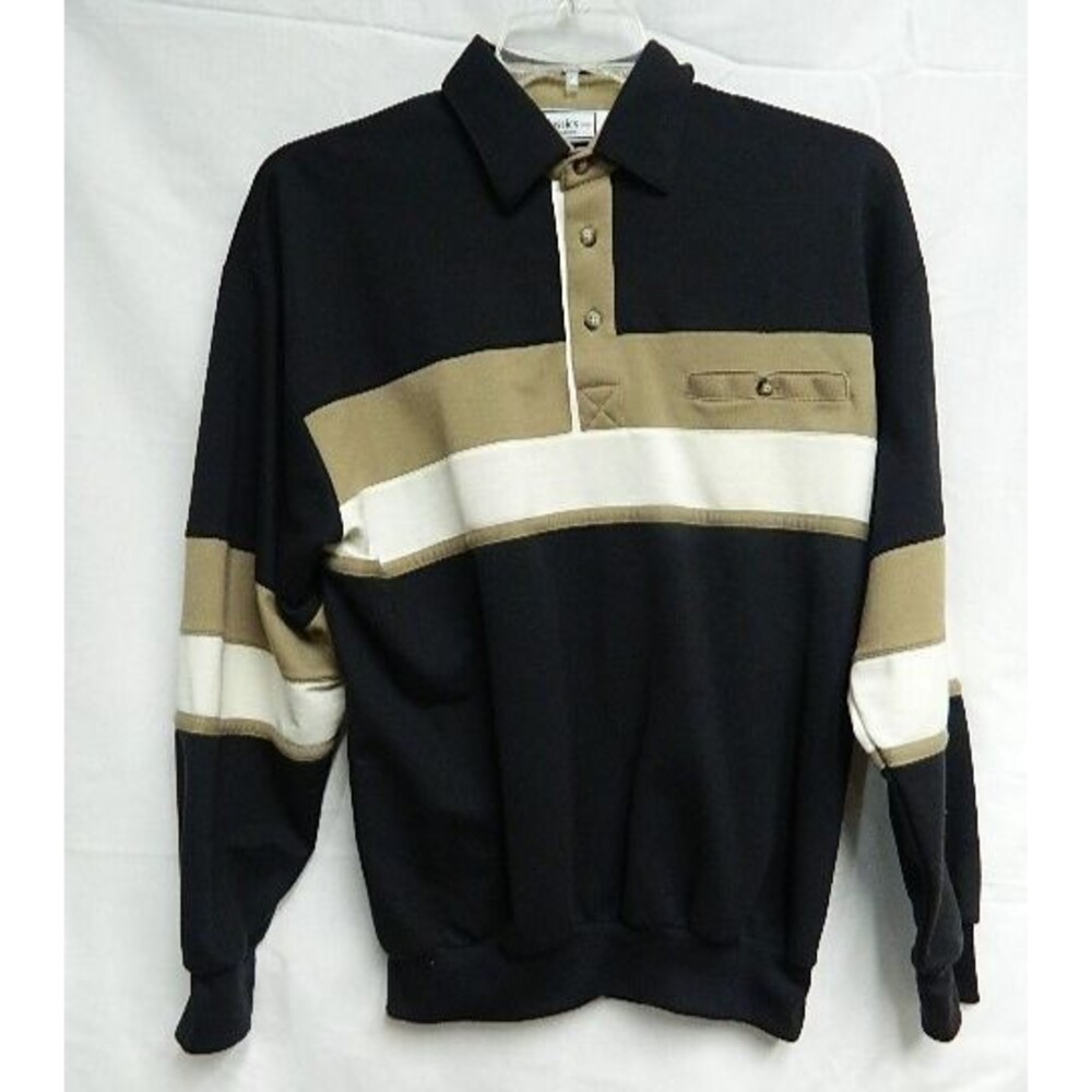 Classics by Palmland Mens Long Sleeve Polo Shirt Size Medium Black Tan & White